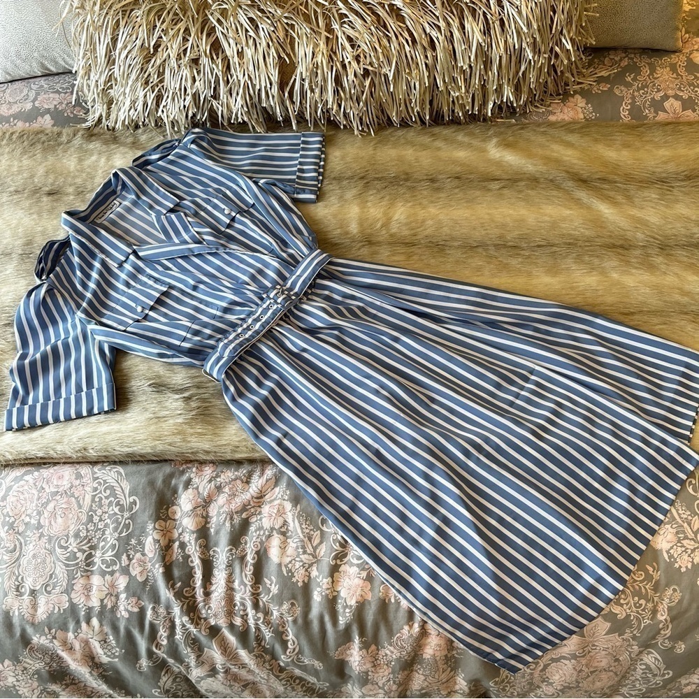 True 80sVintage DIANE VON FURSTENBERG Blue White Strips DVF Midi Wrap Dress 12